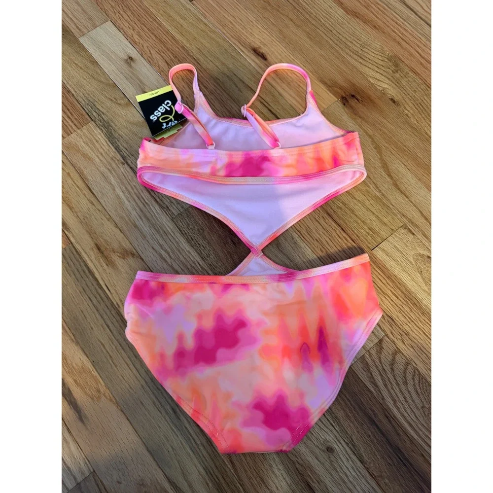 Art Class Girls Pink Orange Tie Dye Cutout Monokini Swimsuit UPF 50+ Size M 8